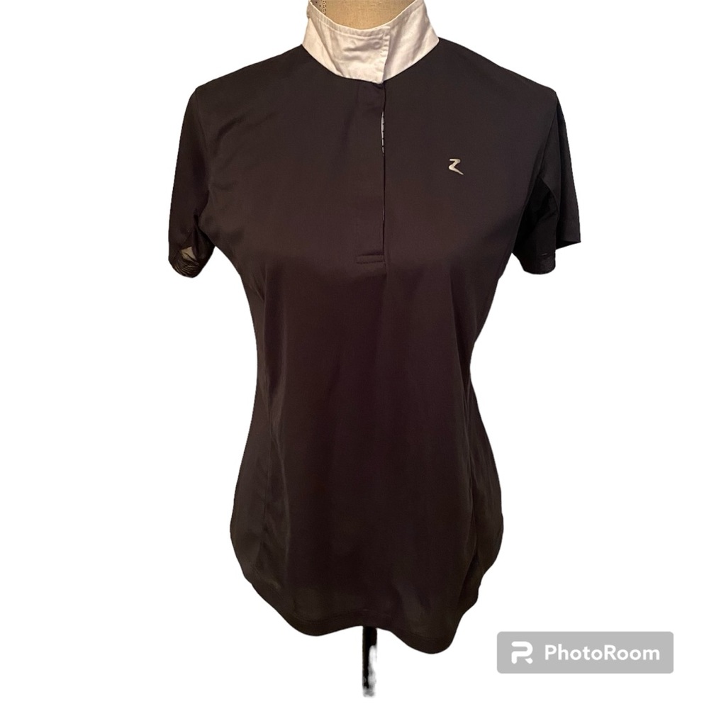 HORZE TOP SHORT SLEEVE SHEER UNDER ARM BLUE WHITE COLLAR EQUESTRIAN SIZE 8